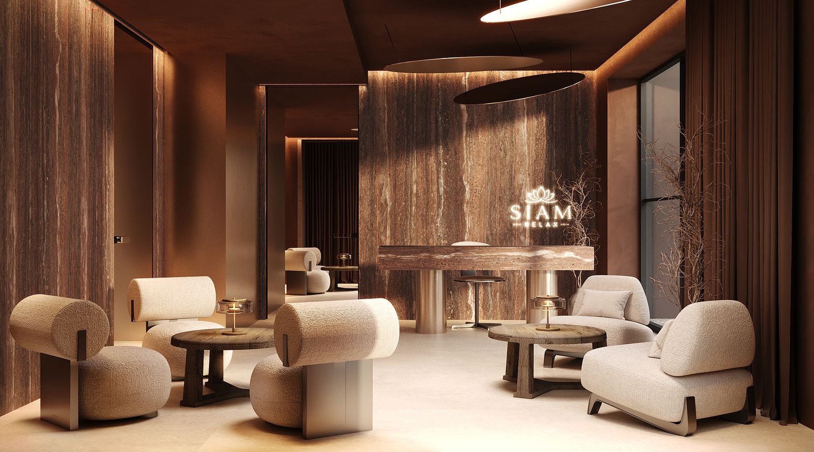 Рецепція SIAM RELAX із травертиновою стійкою та неоновим логотипом